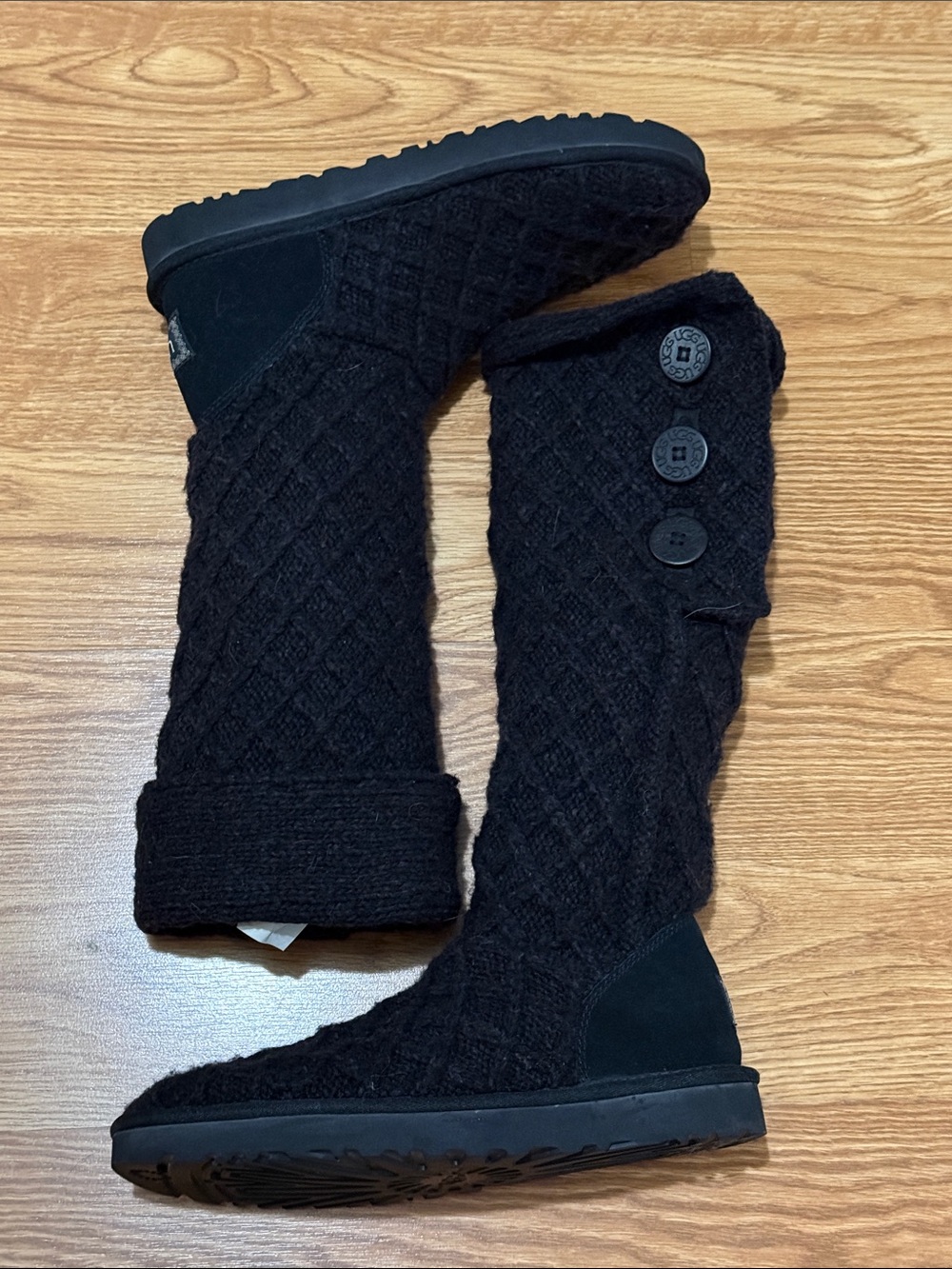 UGG 100% Wool Black Over-the-Knee Knit Button Boots for Women